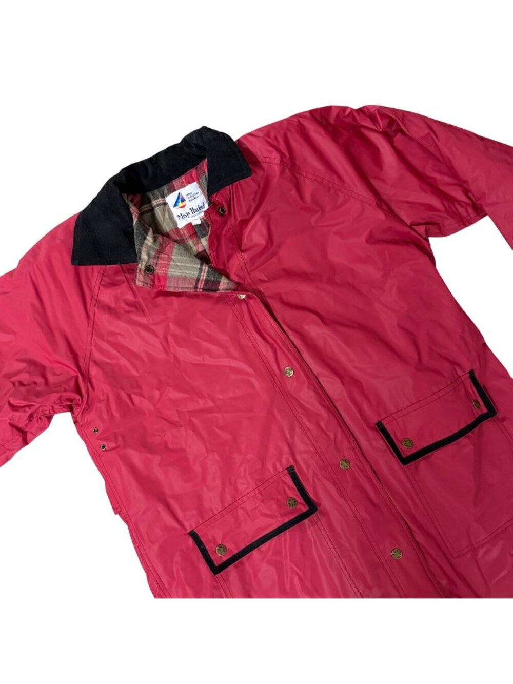 Misty Harbor Red Long Raincoat Weather Slicker Large 1990s Vintage Shoulder Pads
